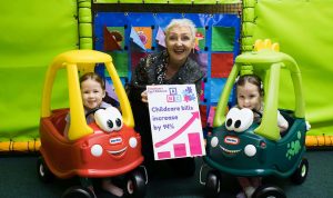 Isabelle and Heidi Gallagher help Marie Marin, Chief Executive, Employers For Childcare, launch the 2023 Northern Ireland Childcare Survey in High Rise Lisburn (1) min (1)